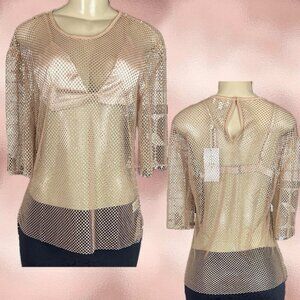 Torn By Ronny Kobo L Dusty Rose Sheer Mesh Crystal Accent Half Sleeve Samm Top